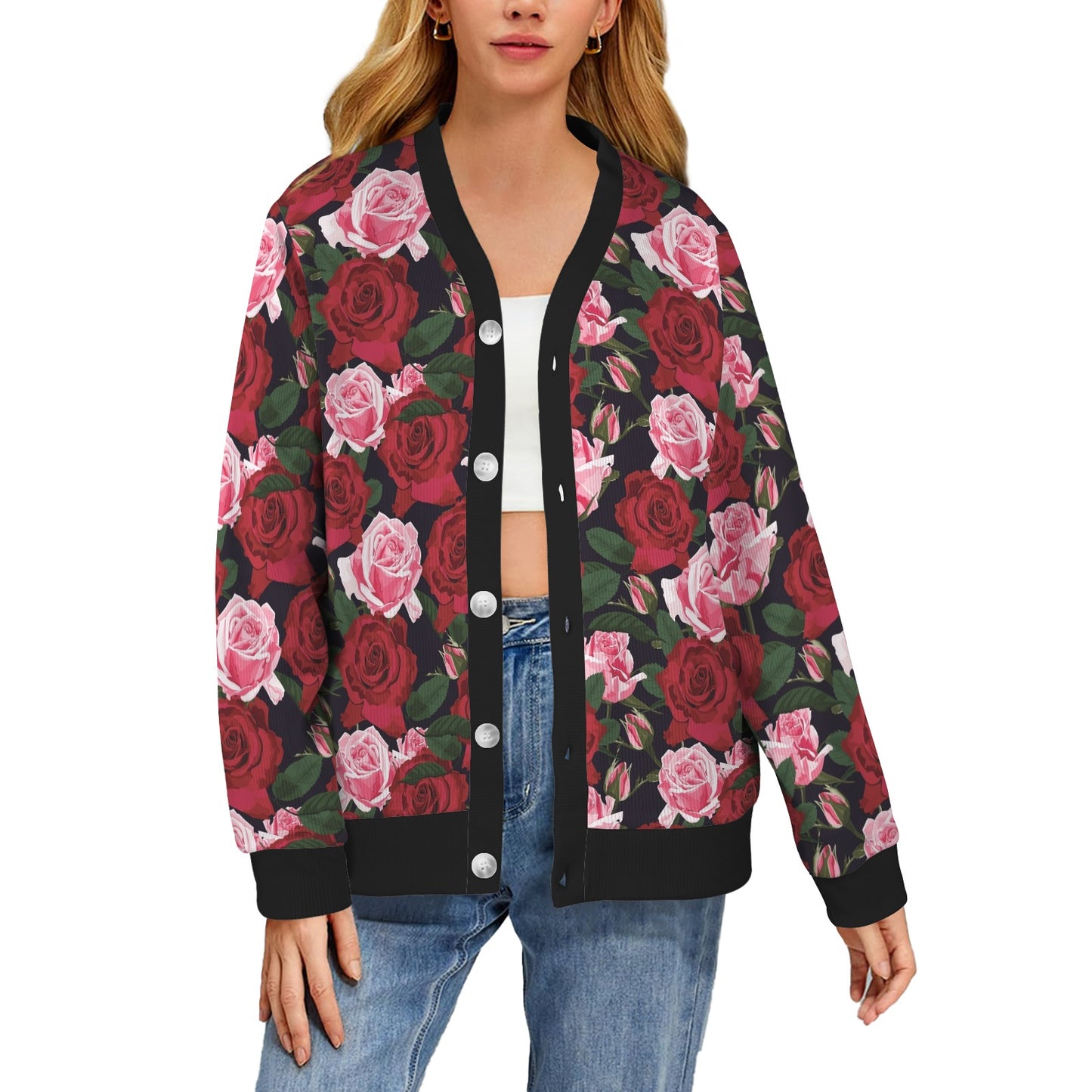 Rose Red Pink Pattern Print Design RO01 Women's Cardigan
