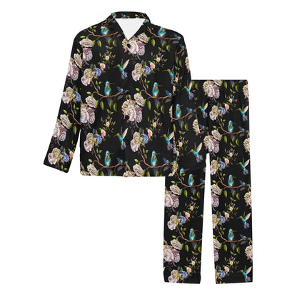 Hummingbird Flower Themed Print Men's Long Pajama Set