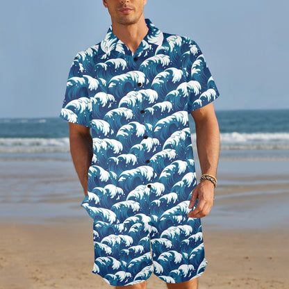 Ocean Wave Pattern Print Men's Beach Shirt and Shorts Set