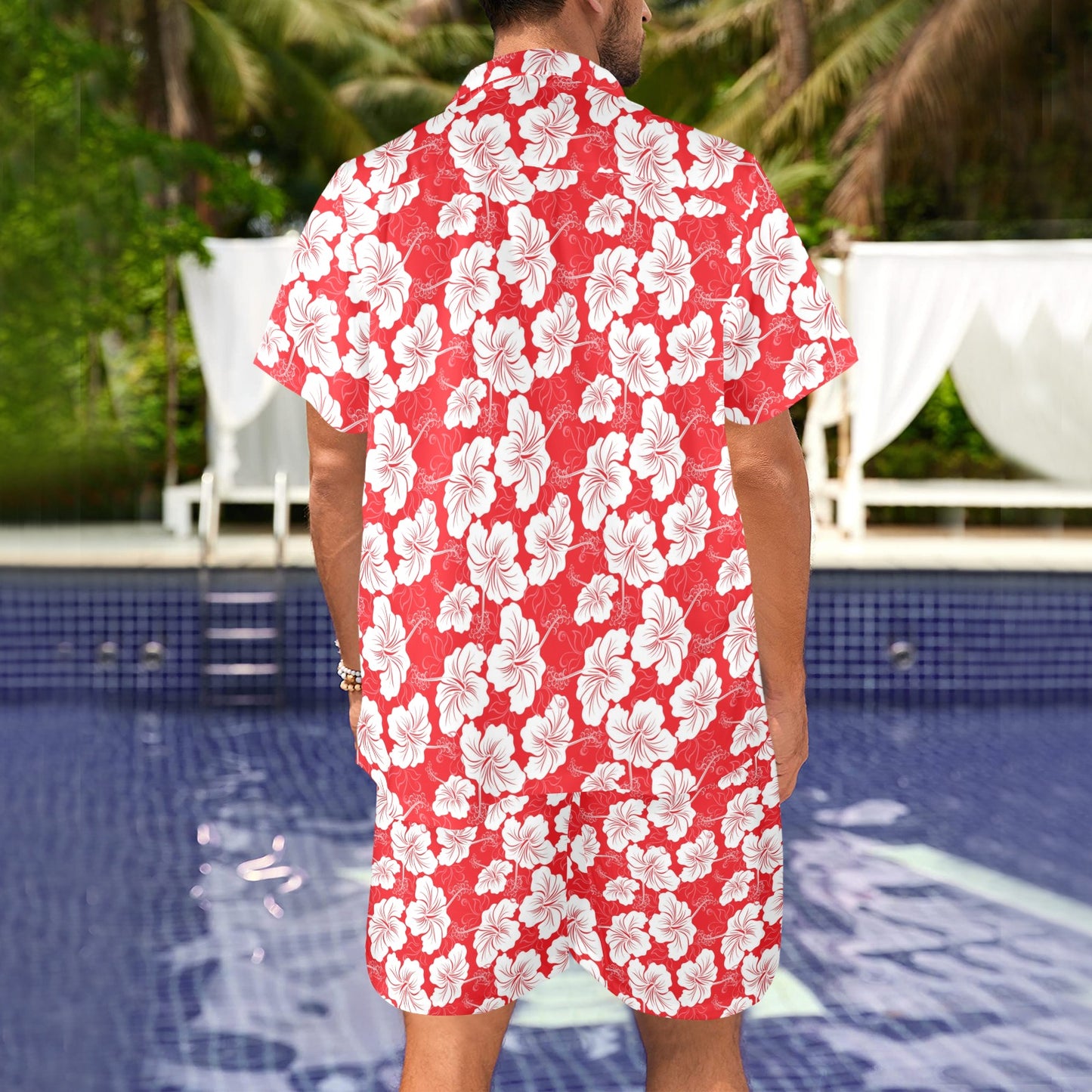 Flower Hawaiian Hibiscus Red Background Print Men's Beach Shirt and Shorts Set