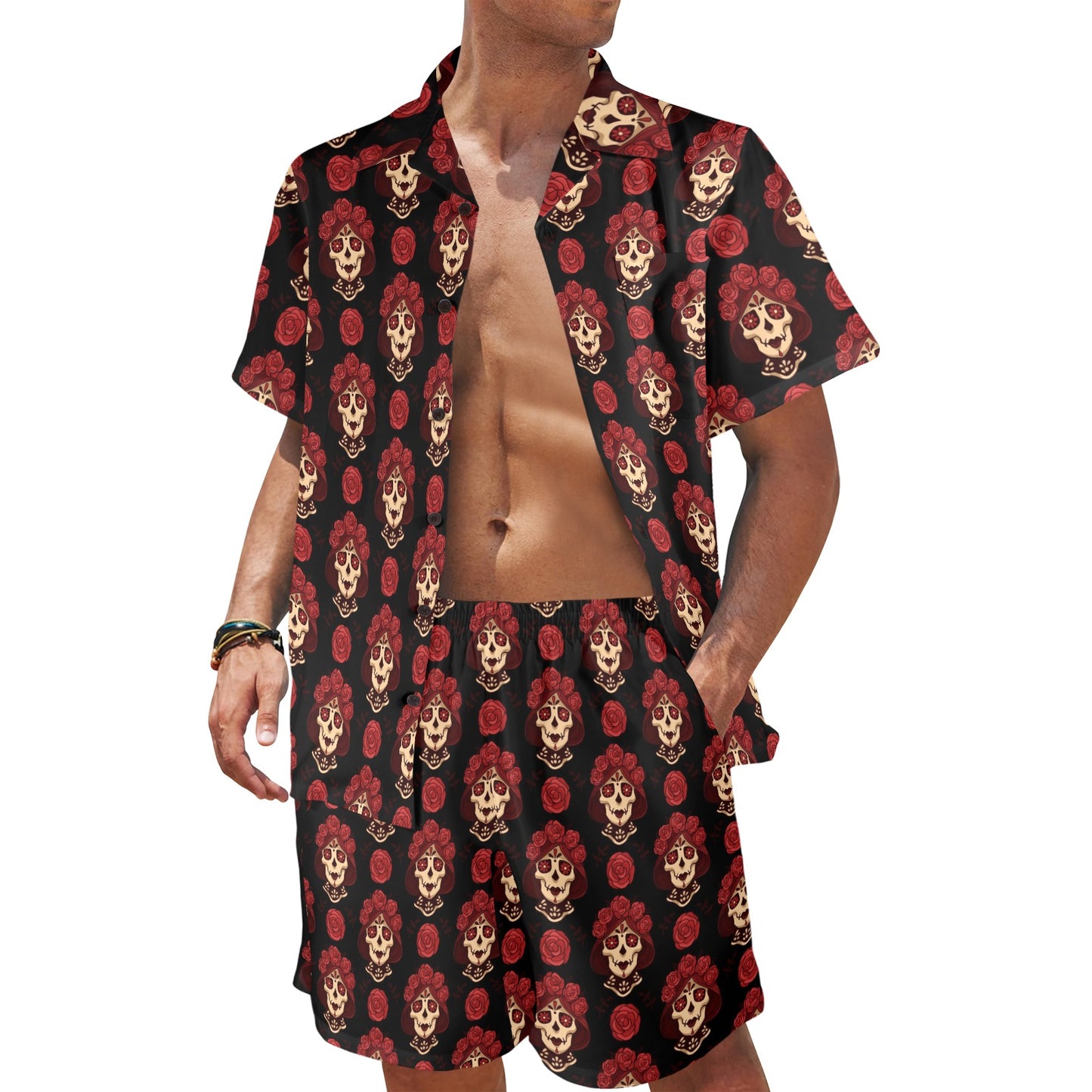 Day of the Dead Skull Girl Pattern Men's Beach Shirt and Shorts Set