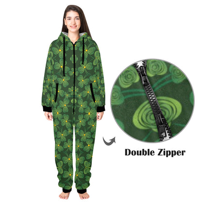 Shamrock Pattern Hooded Fleece Onesie Pajama Jumpsuit