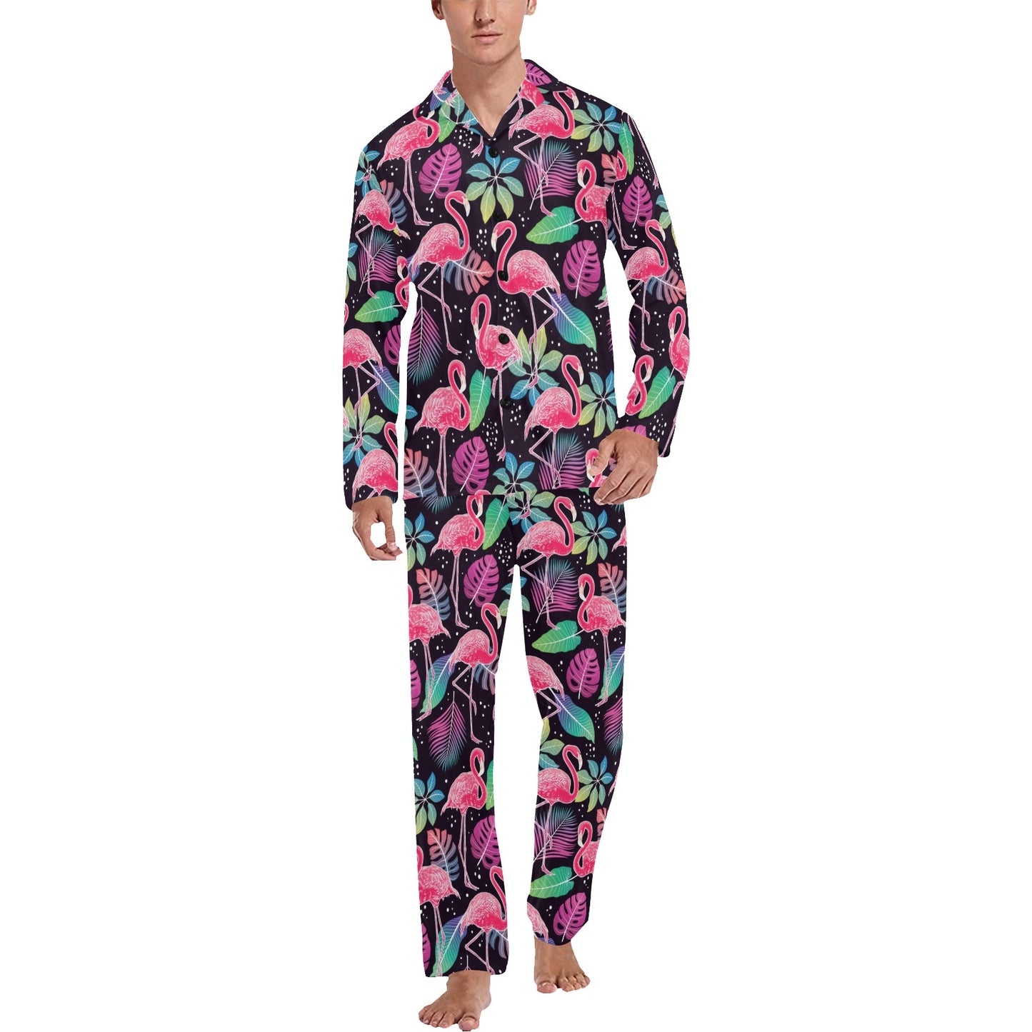 Flamingo Tropical leaves Neon Print Men's Long Pajama Set