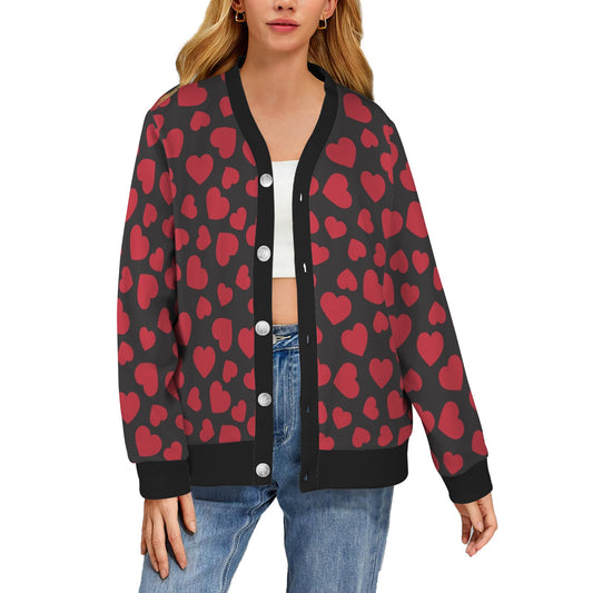 Heart Red Pattern Print Design HE01 Women's Cardigan