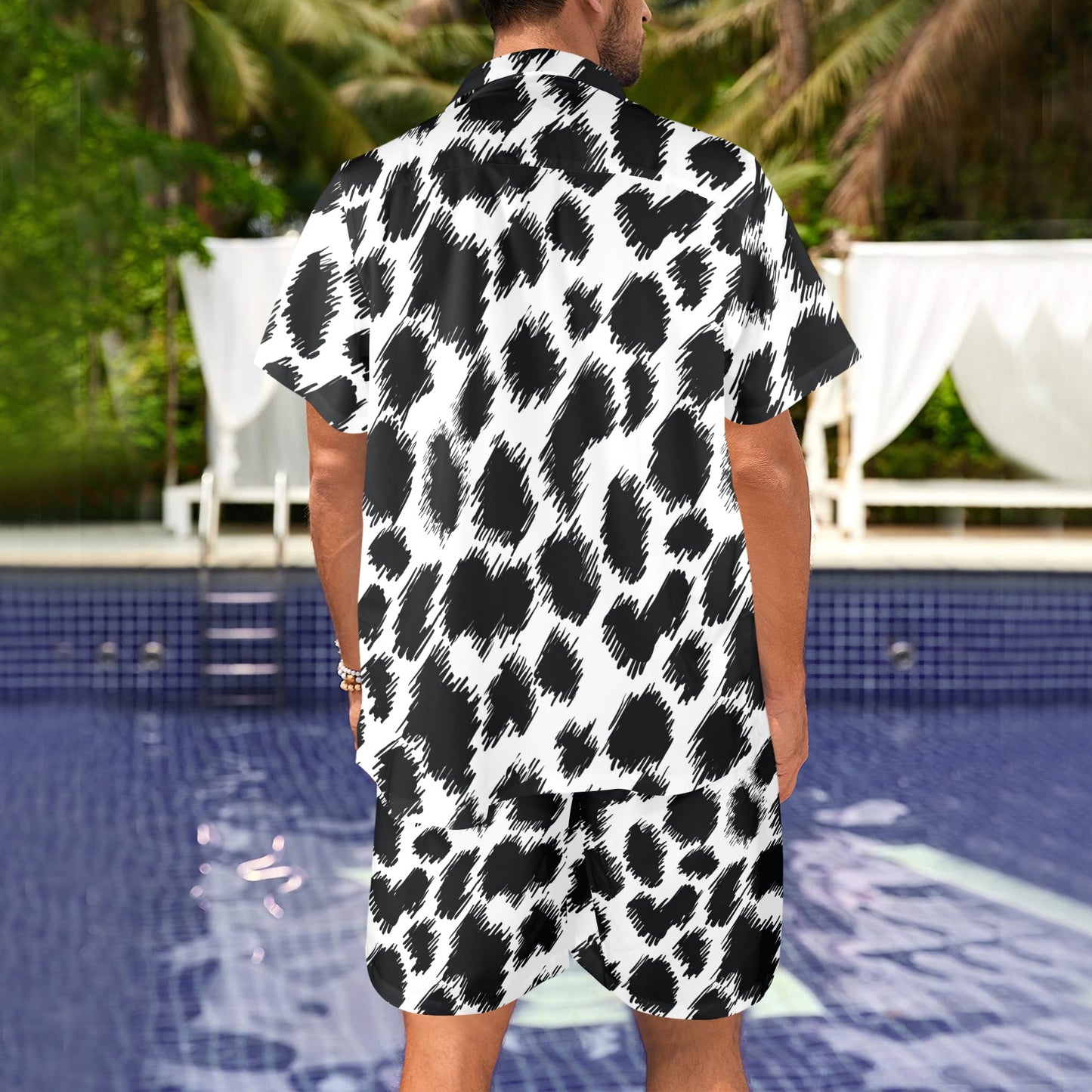 Cheetah Black Print Pattern Men's Beach Shirt and Shorts Set