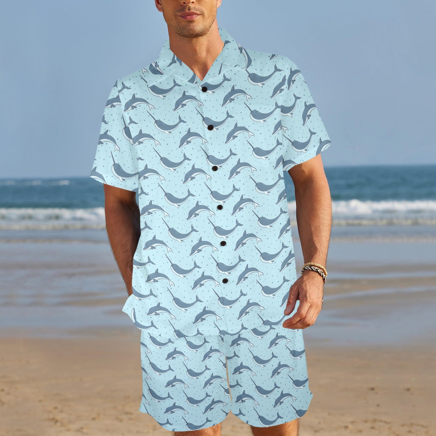 Narwhal Dolphin Print Men's Beach Shirt and Shorts Set