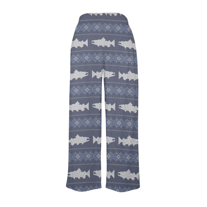 Salmon Fish Knit Style Print Design LKS304 Women's Wide Leg Lounge Pants
