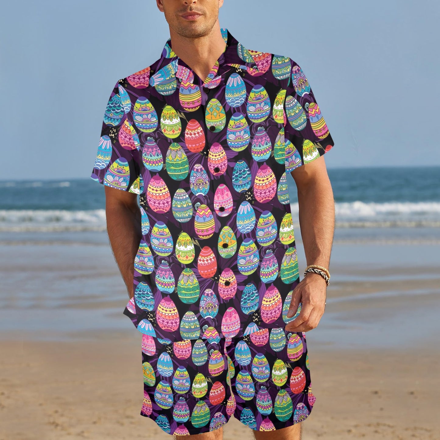 Easter Eggs Pattern Print Design RB08 Men's Beach Shirt and Shorts Set