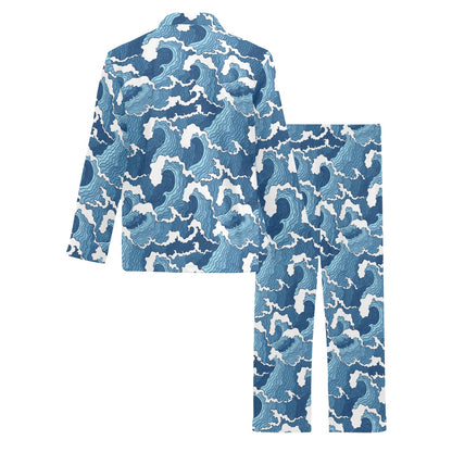 Wave Themed Pattern Print Men's Long Pajama Set