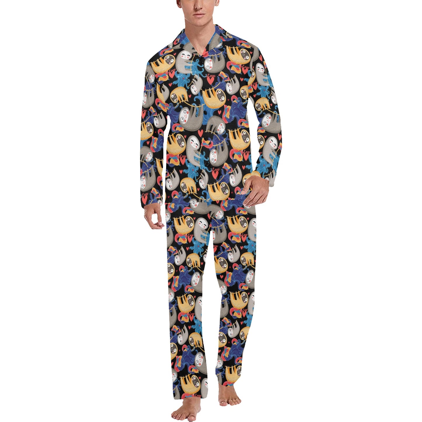 Sloth Cartoon Design Themed Print Men's Long Pajama Set