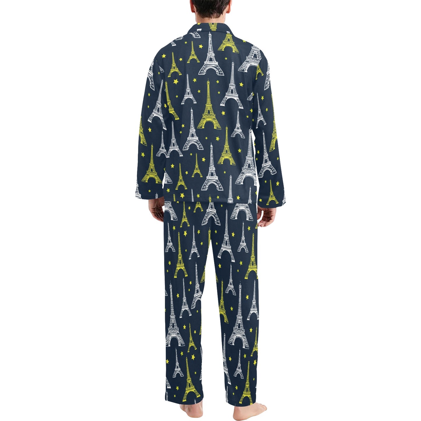 Eiffel Tower Star Print Men's Long Pajama Set