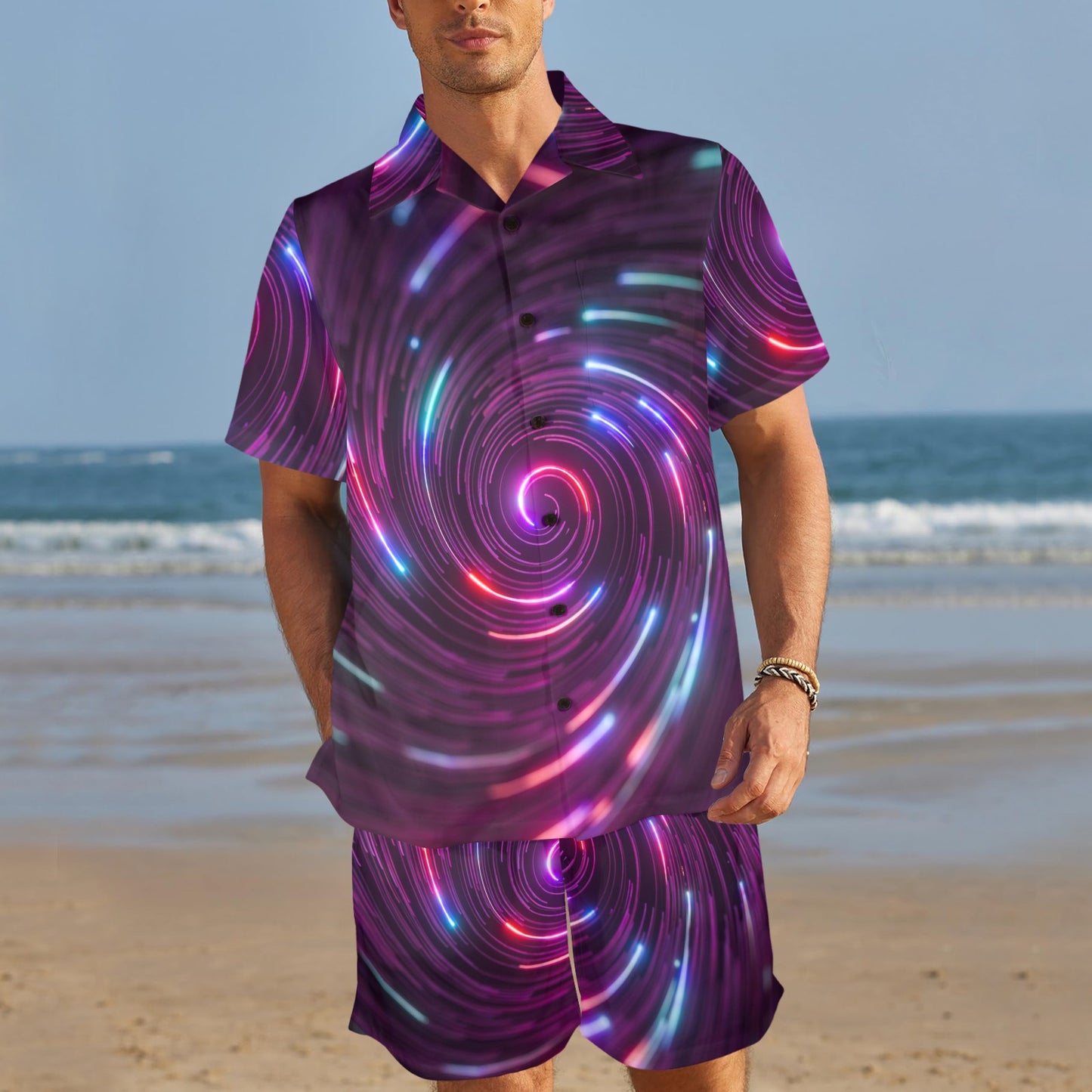 Vortex Twist Swirl Purple Neon Print Men's Beach Shirt and Shorts Set
