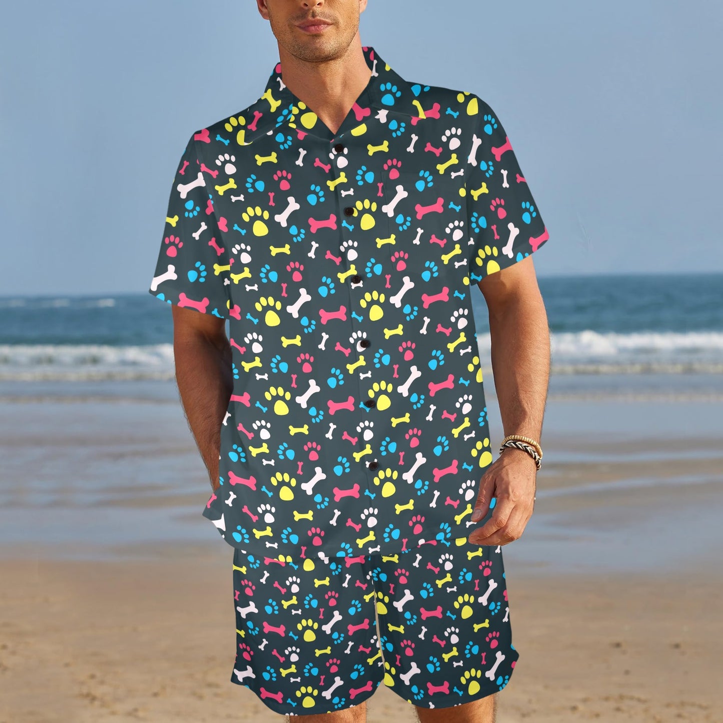 Paw Design Print Men's Beach Shirt and Shorts Set