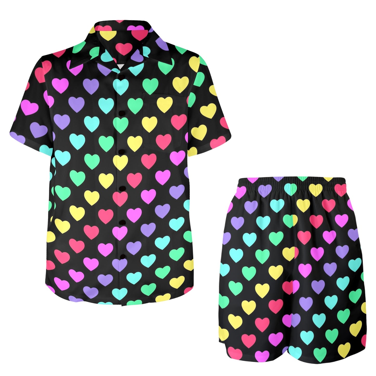 Heart Rainbow Pattern Print Design HE02 Men's Beach Shirt and Shorts Set