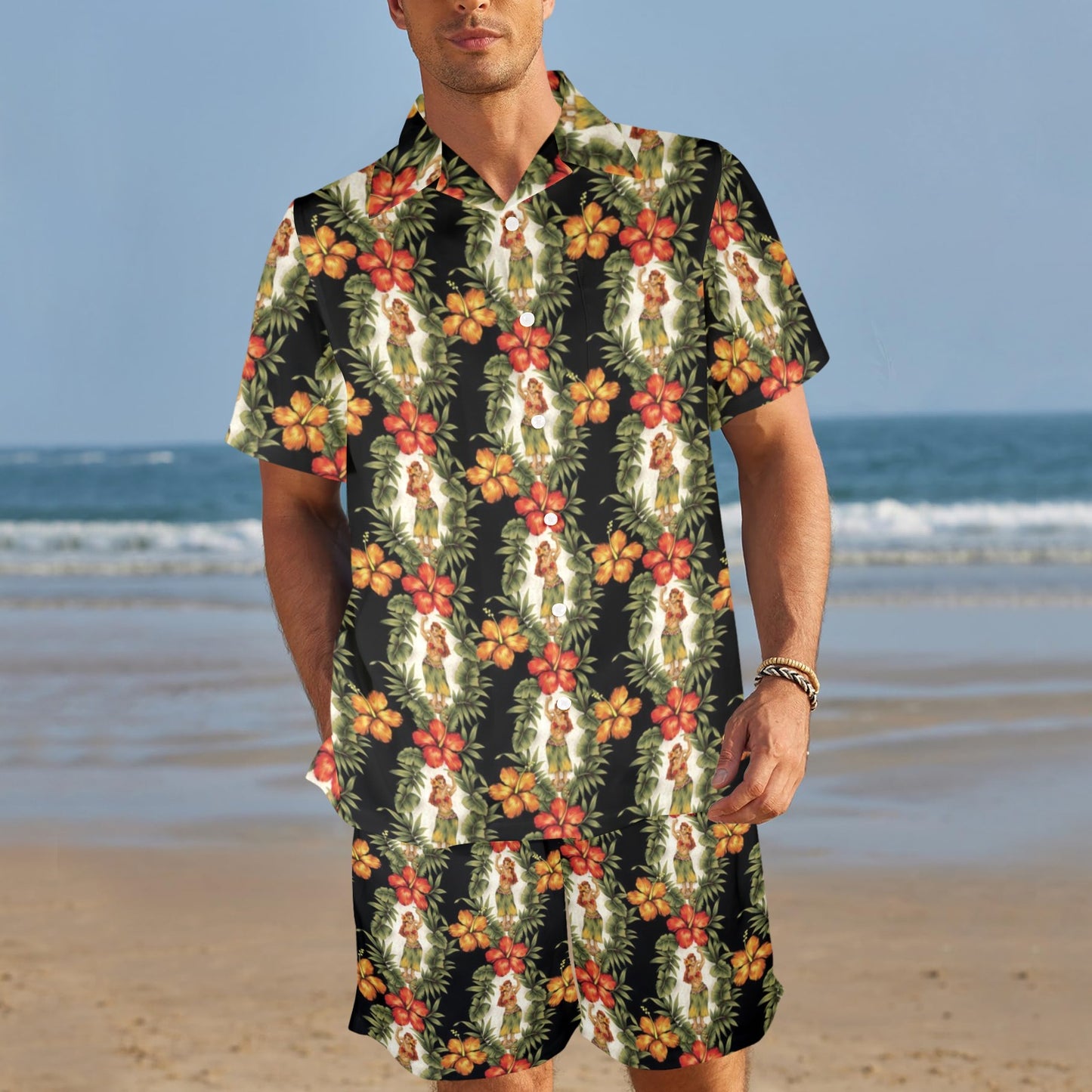 Hawaiian Flower Hula Hibiscus Print Men's Beach Shirt and Shorts Set