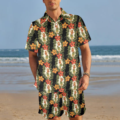 Hawaiian Flower Hula Hibiscus Print Men's Beach Shirt and Shorts Set