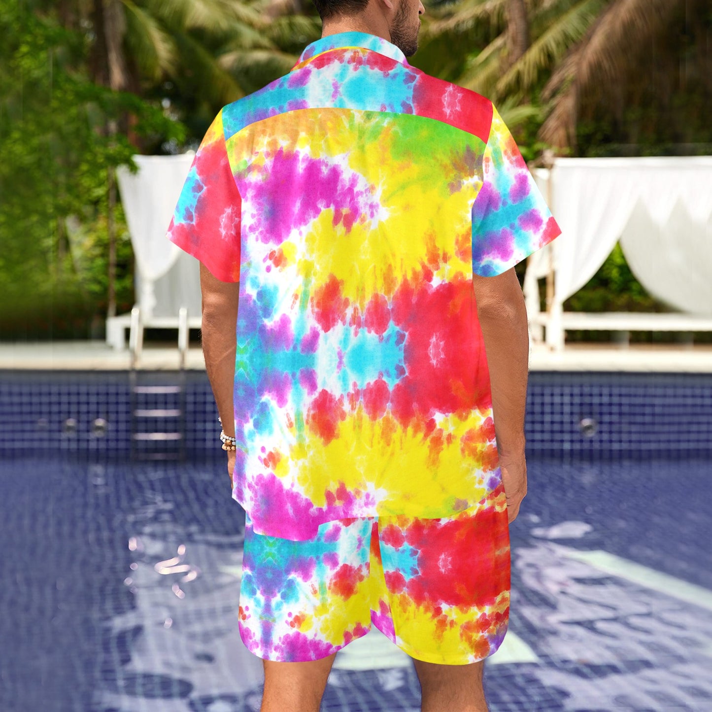 Tie Dye Rainbow Themed Print Men's Beach Shirt and Shorts Set
