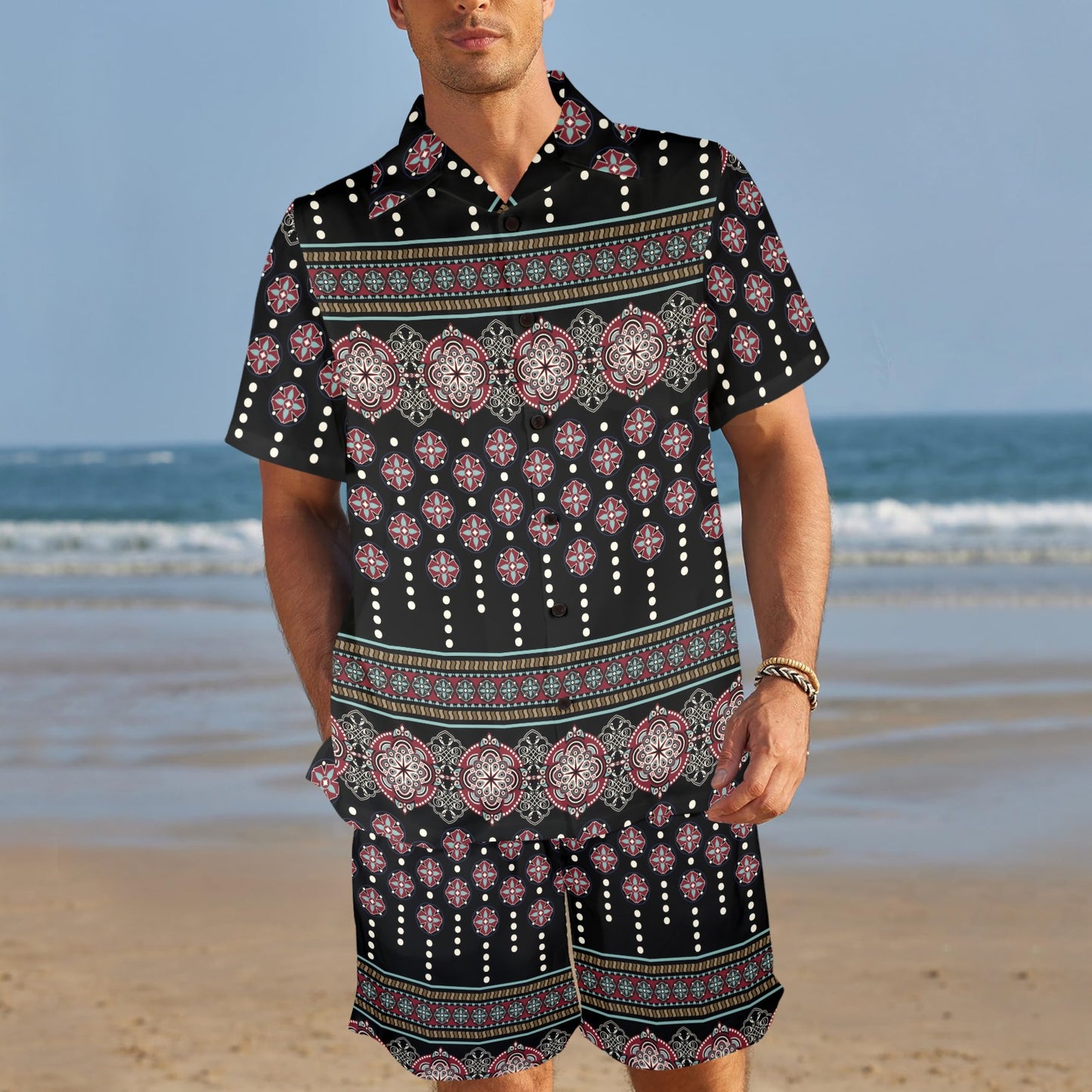 Ethnic Dot Style Print Pattern Men's Beach Shirt and Shorts Set