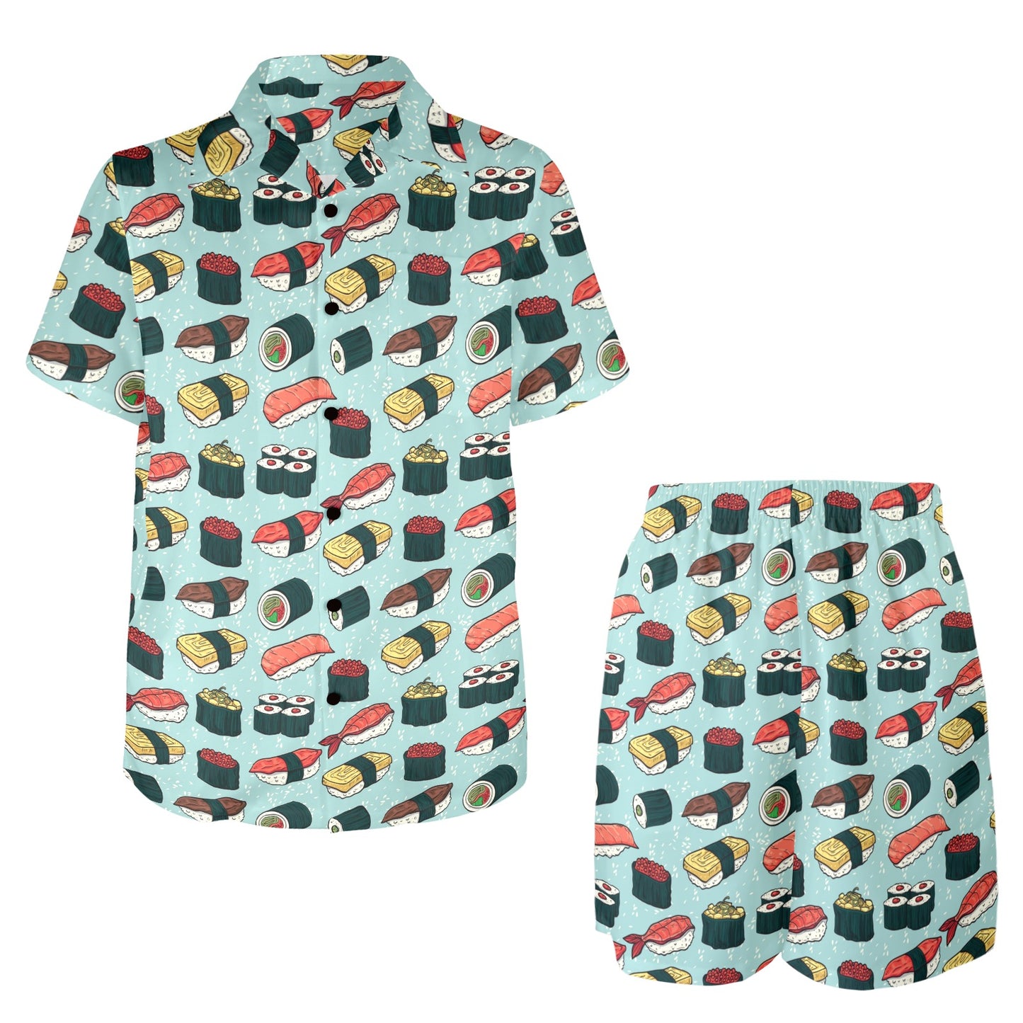 Sushi Pattern Design Men's Beach Shirt and Shorts Set