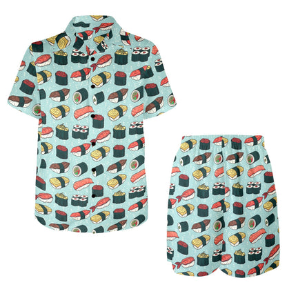 Sushi Pattern Design Men's Beach Shirt and Shorts Set