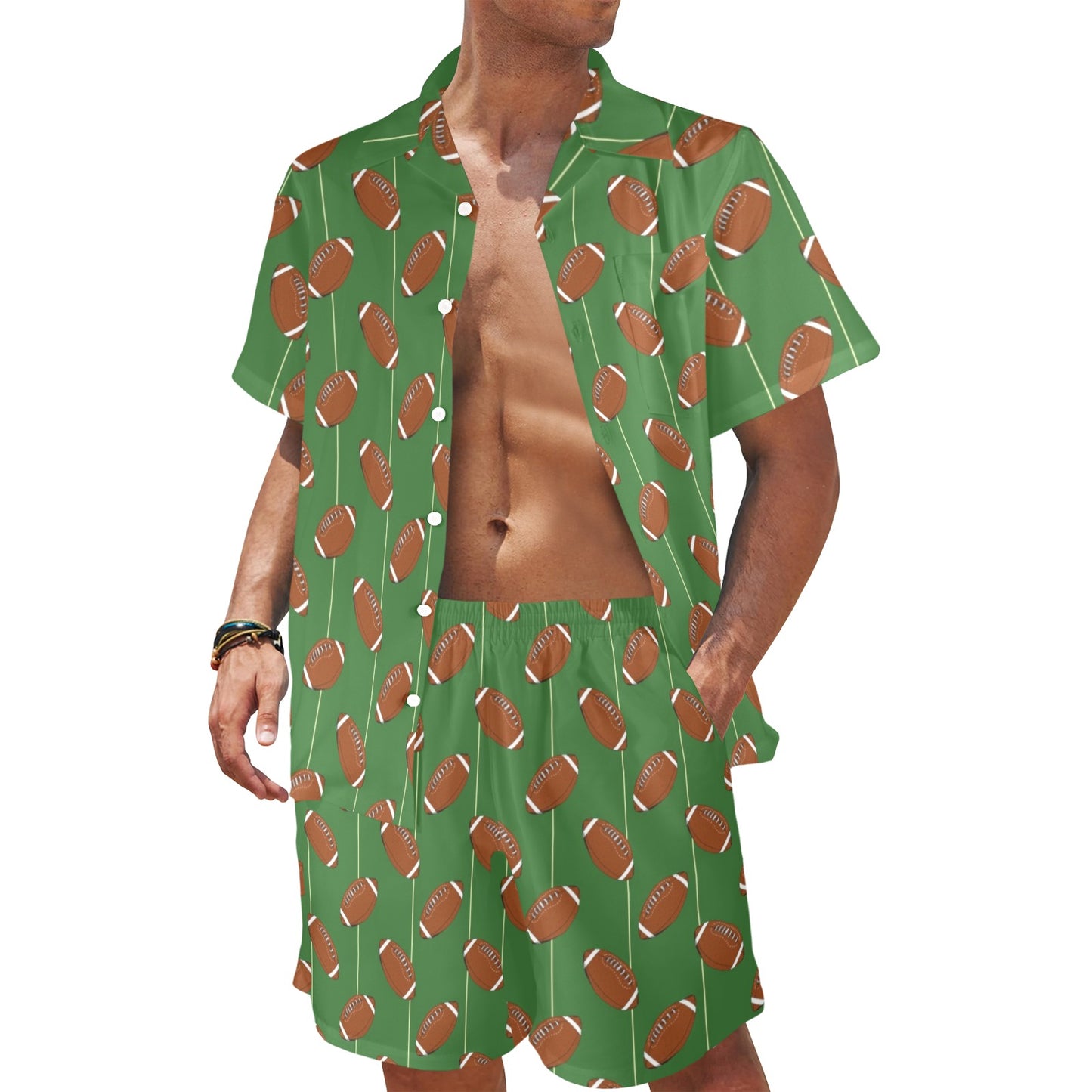 American Football on Field Themed Men's Beach Shirt and Shorts Set