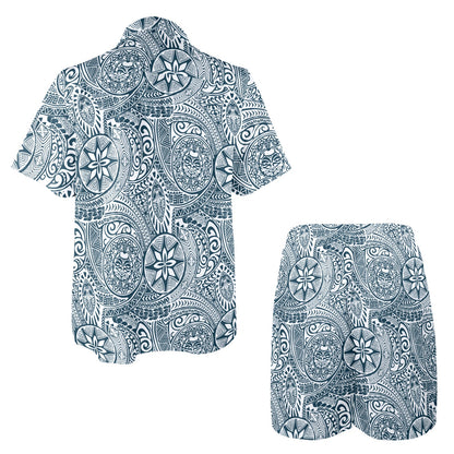 Samoan Pattern Print Design LKS306 Men's Beach Shirt and Shorts Set