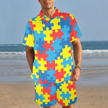Autism Awareness Puzzles Design Print Men's Beach Shirt and Shorts Set