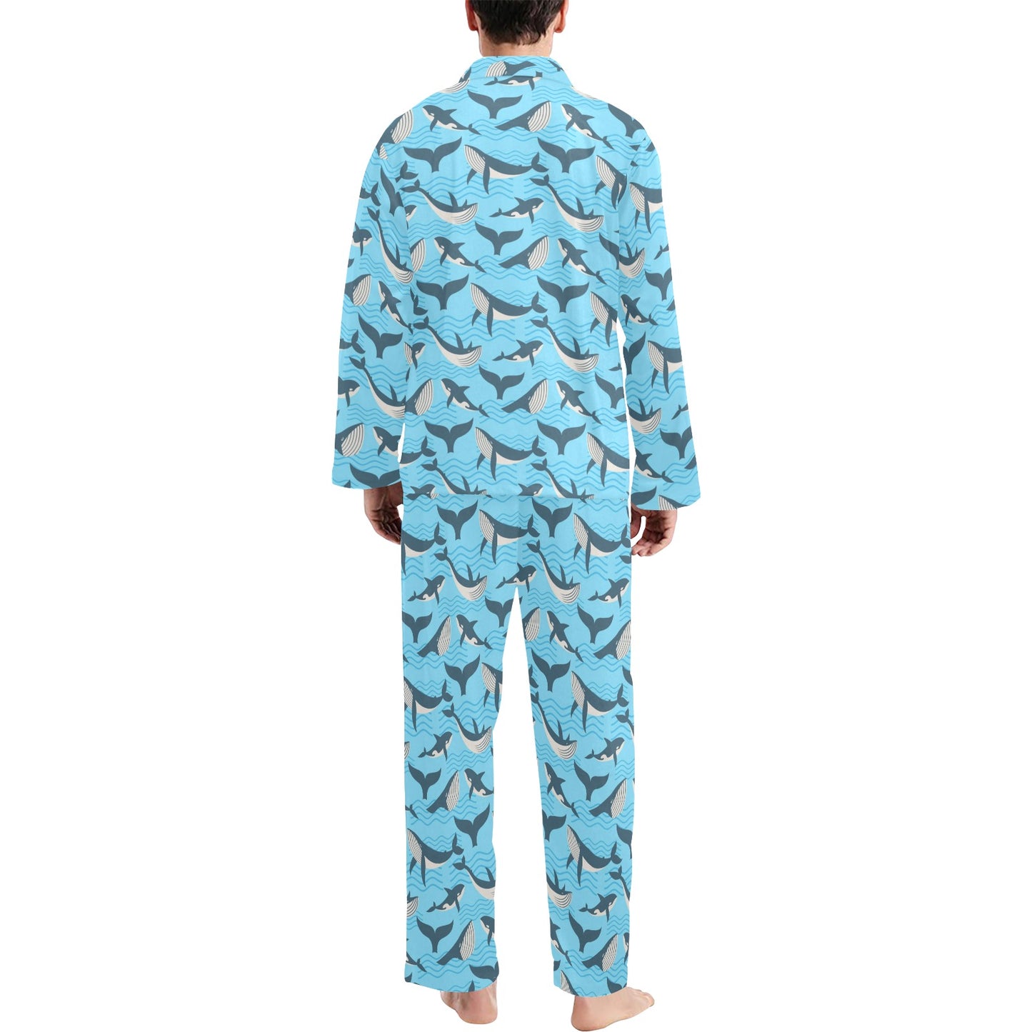 Whale Pattern Design Themed Print Men's Long Pajama Set