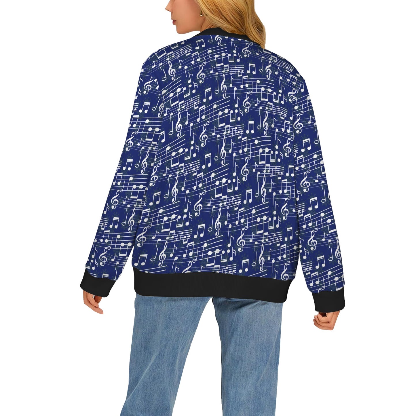 Music Note Blue Themed Print Women's Cardigan