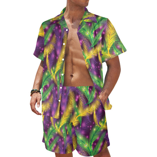 Mardi Gras Pattern Print Design 09 Men's Beach Shirt and Shorts Set