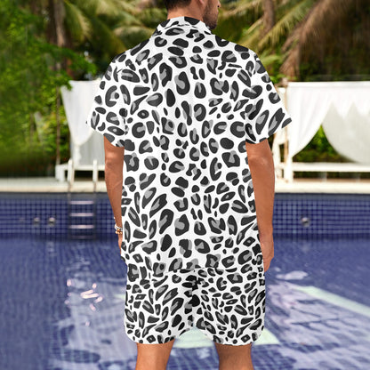 Snow Leopard Skin Print Men's Beach Shirt and Shorts Set