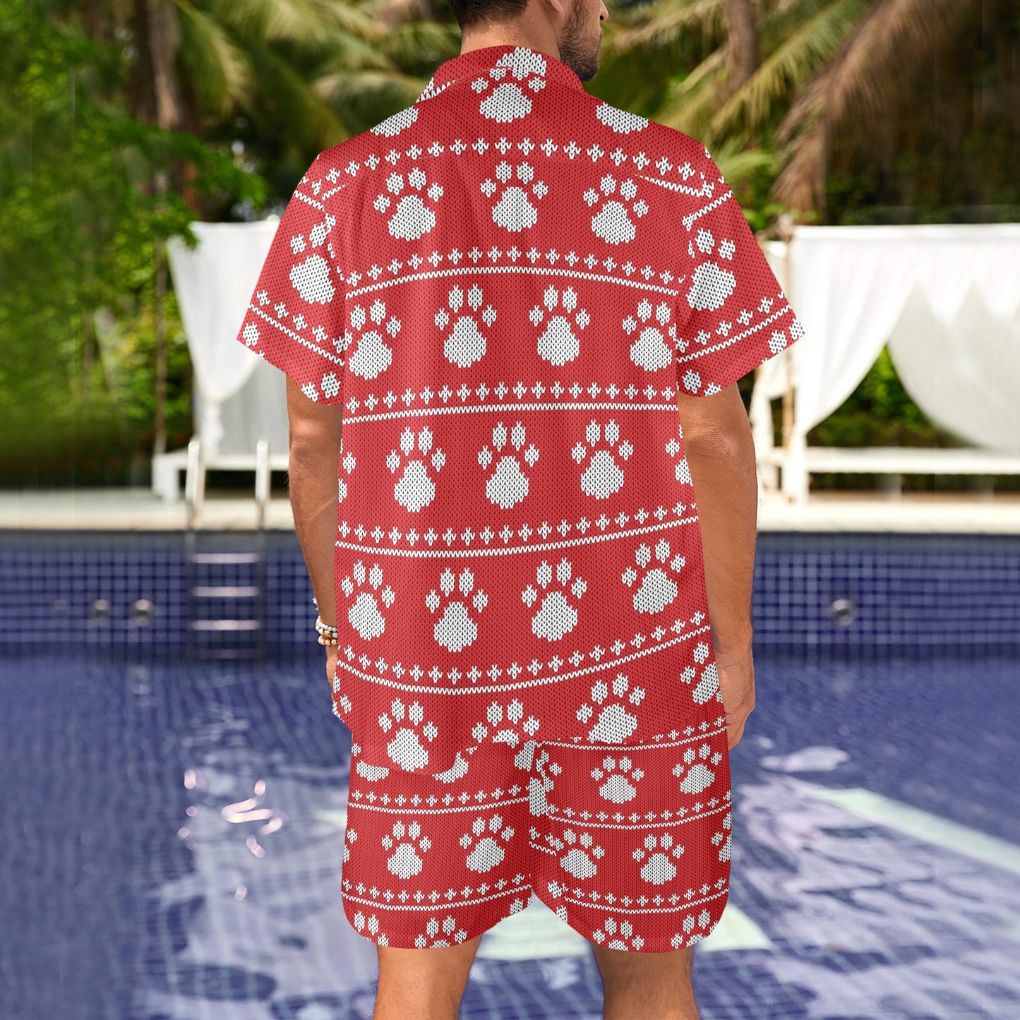 Knit Paw Pattern Print Design 03 Men's Beach Shirt and Shorts Set