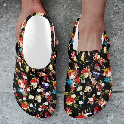 Skull Roses Flower Design Themed Print Unisex Clogs Shoes