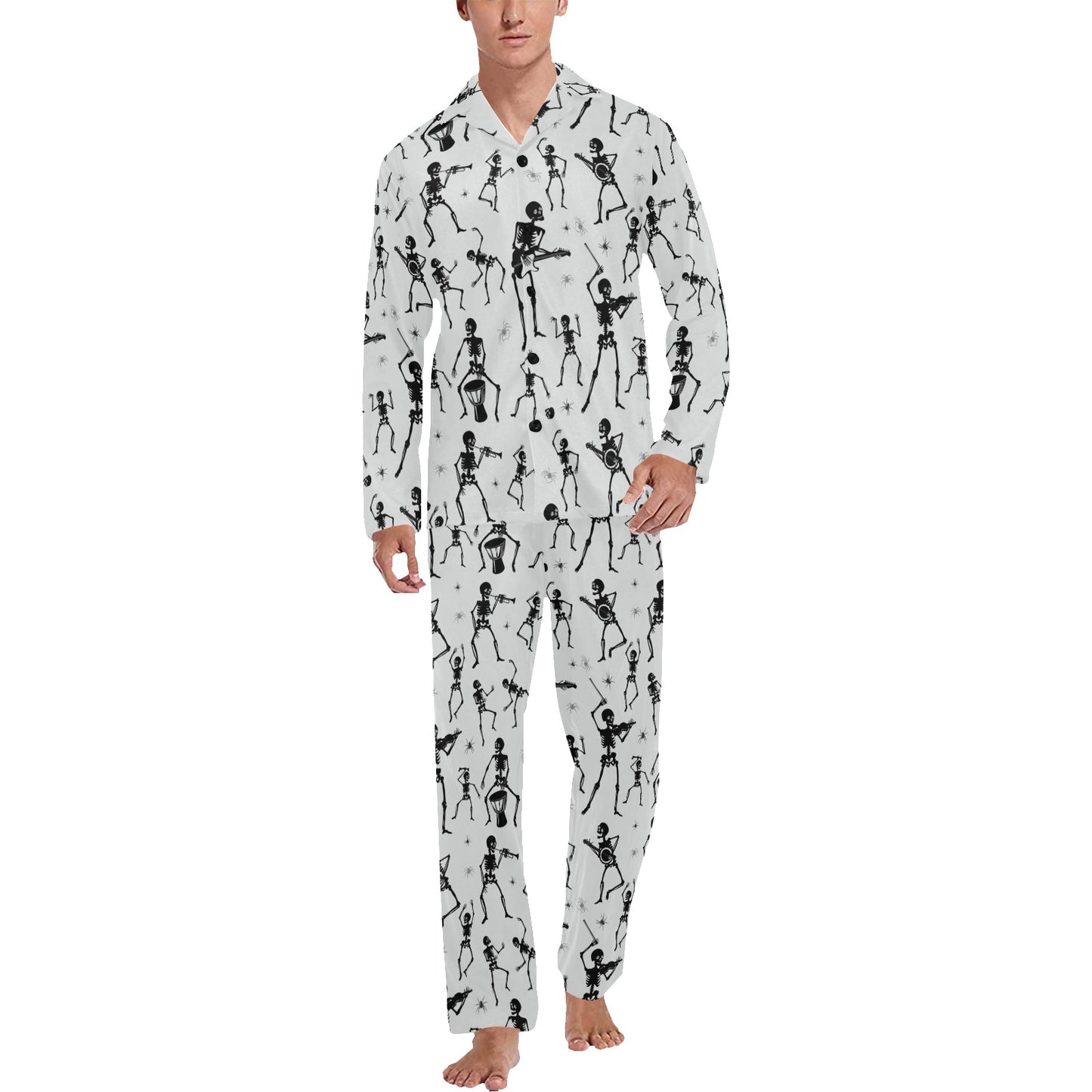 Skeleton Music Player Print Design LKS303 Men's Long Pajama Set