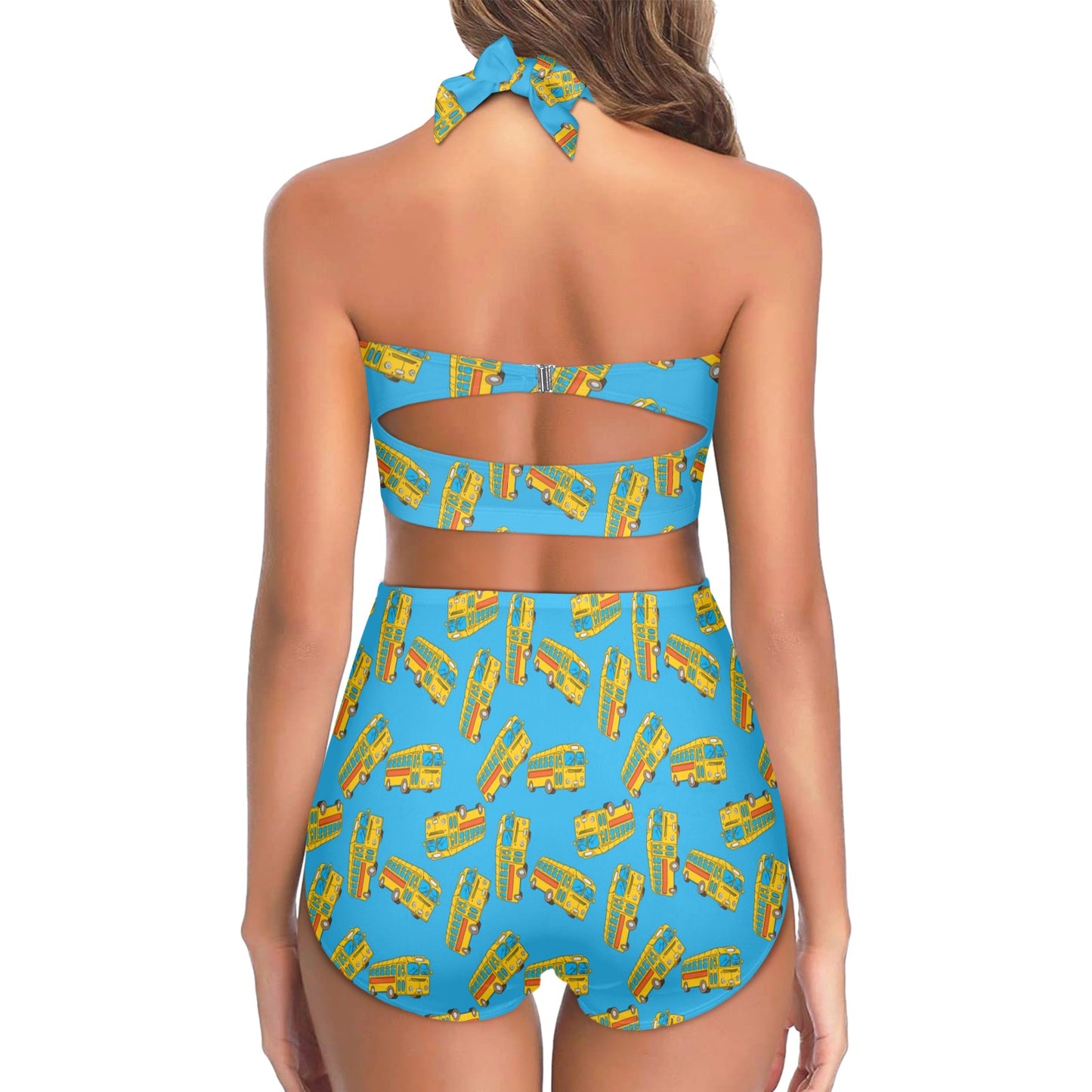 School Bus Print Design LKS302 Halter Neck Bikini Swimsuit
