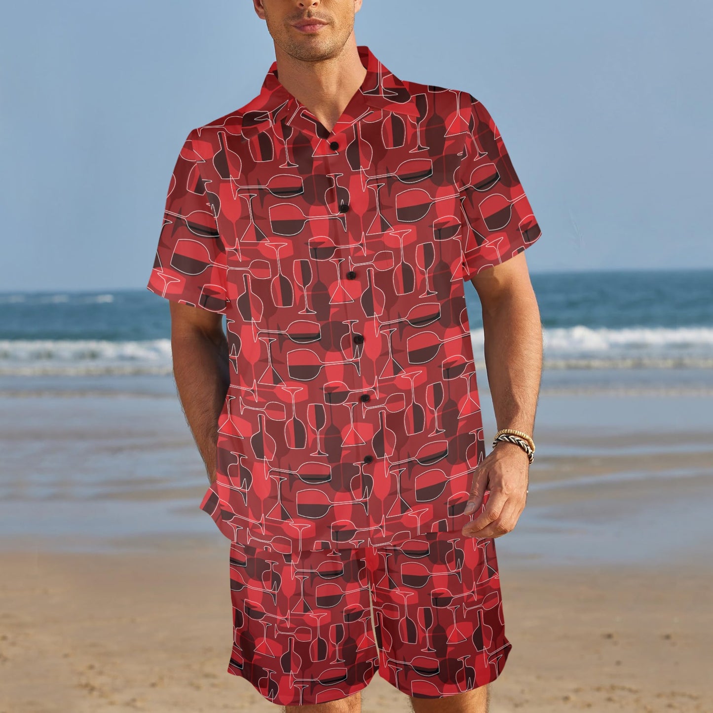 Wine Glass Print Design LKS301 Men's Beach Shirt and Shorts Set