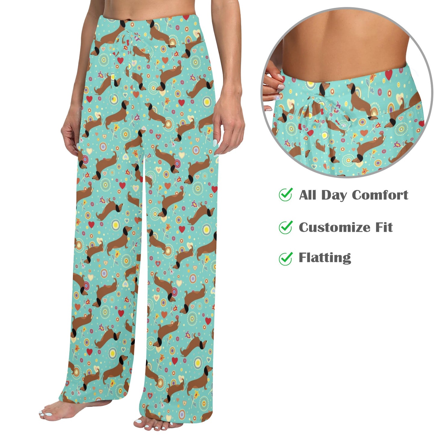 Dachshund with Floral Print Pattern Women's Wide Leg Lounge Pants