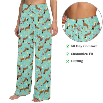 Dachshund with Floral Print Pattern Women's Wide Leg Lounge Pants
