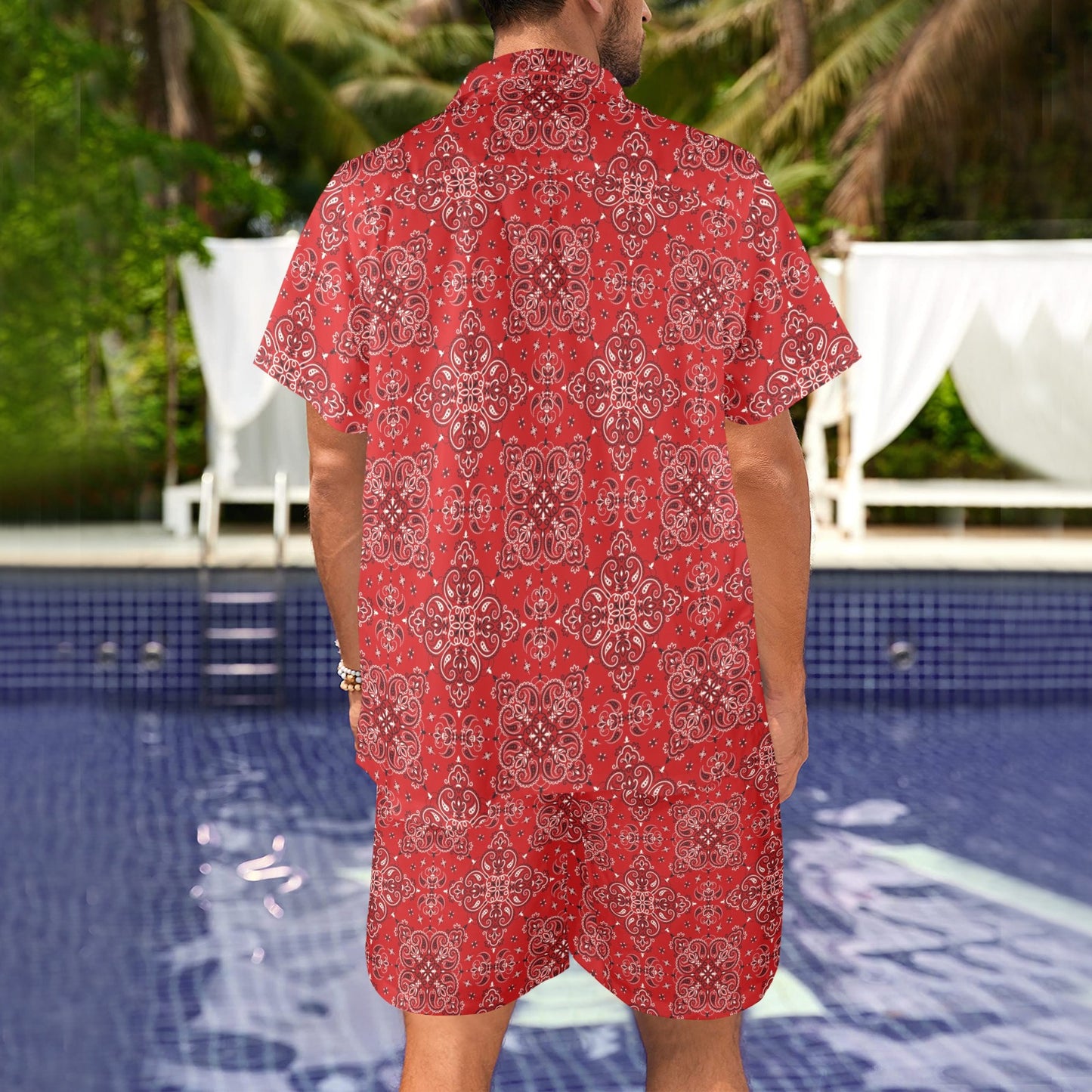 Bandana Red Pattern Print Design LKS3010 Men's Beach Shirt and Shorts Set