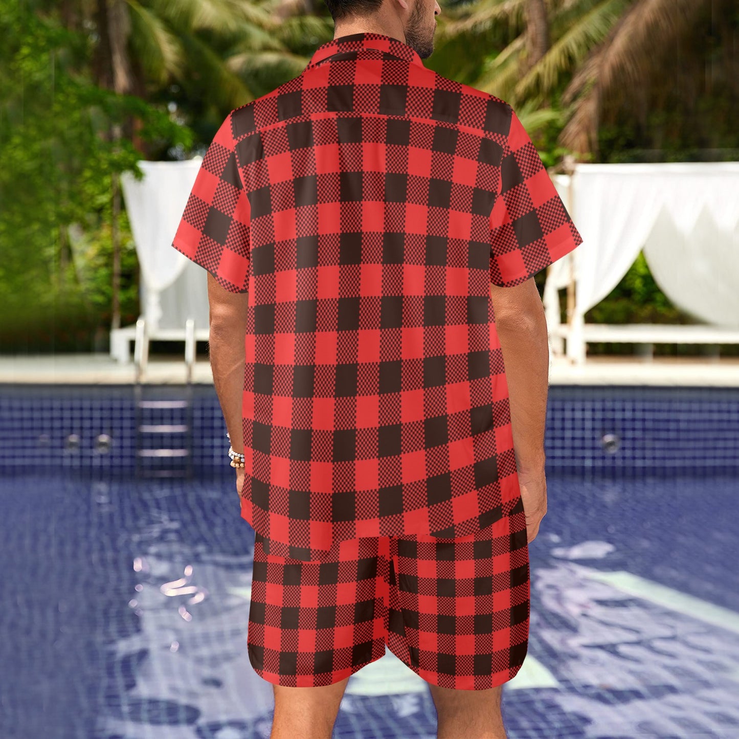 Buffalo check Red Pattern Print Design 05 Men's Beach Shirt and Shorts Set