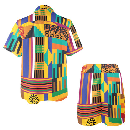 Kente Pattern Print Design 03 Men's Beach Shirt and Shorts Set
