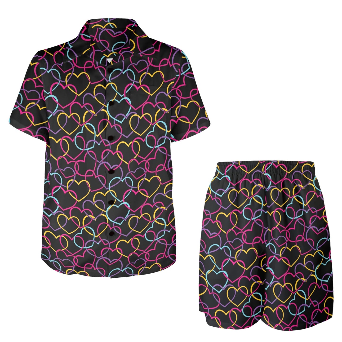 Heart Design Print Pattern JJ0333 Men's Beach Shirt and Shorts Set