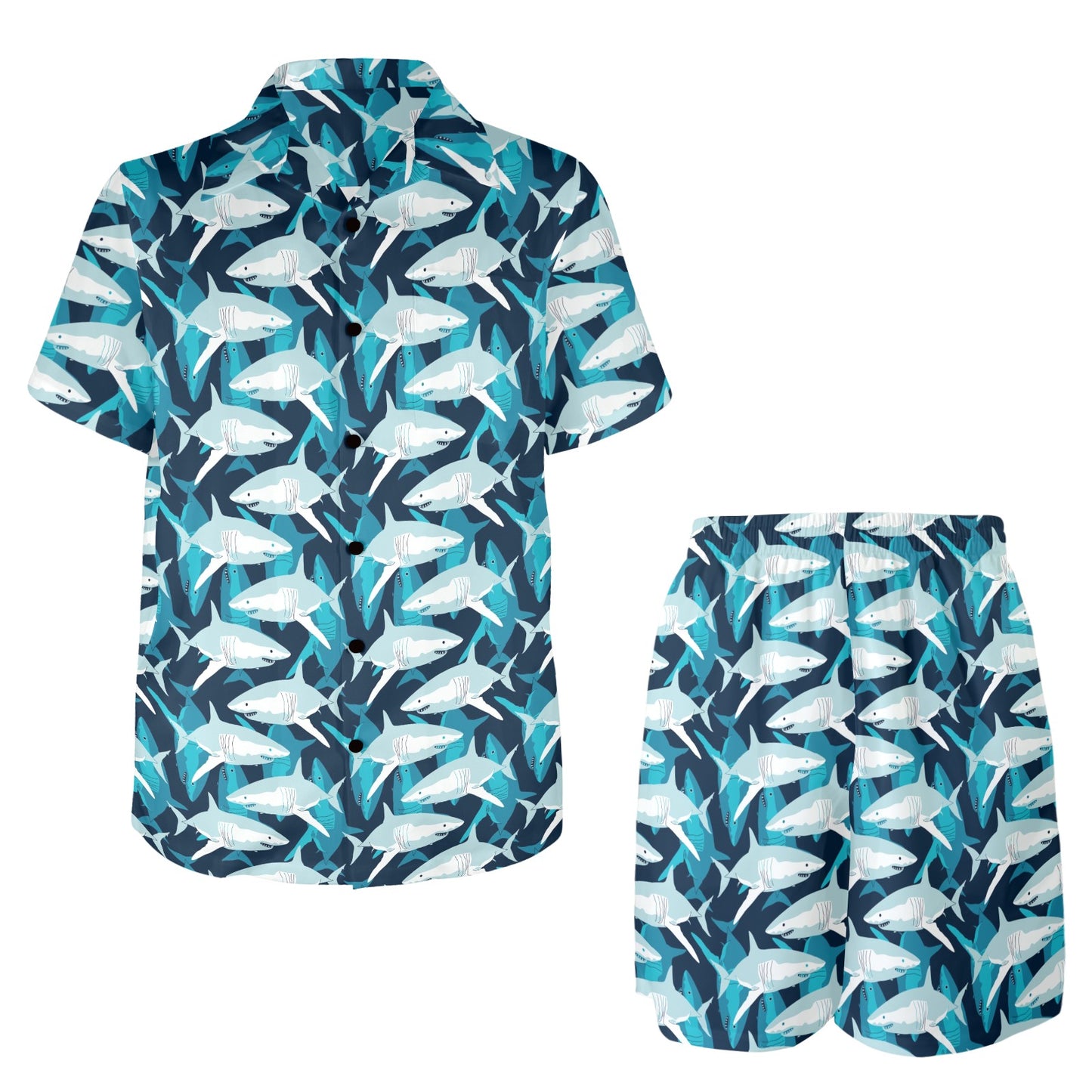 Shark Design Print Men's Beach Shirt and Shorts Set