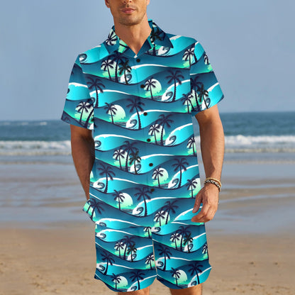 Beach Wave Design Print Men's Beach Shirt and Shorts Set