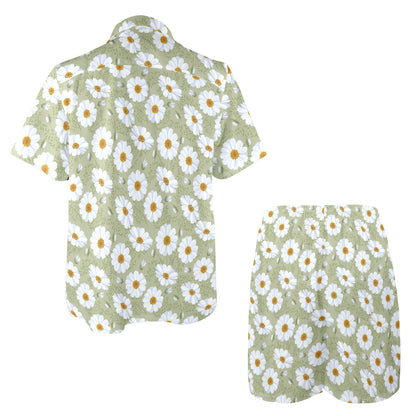 Daisy Yellow Print Pattern Men's Beach Shirt and Shorts Set