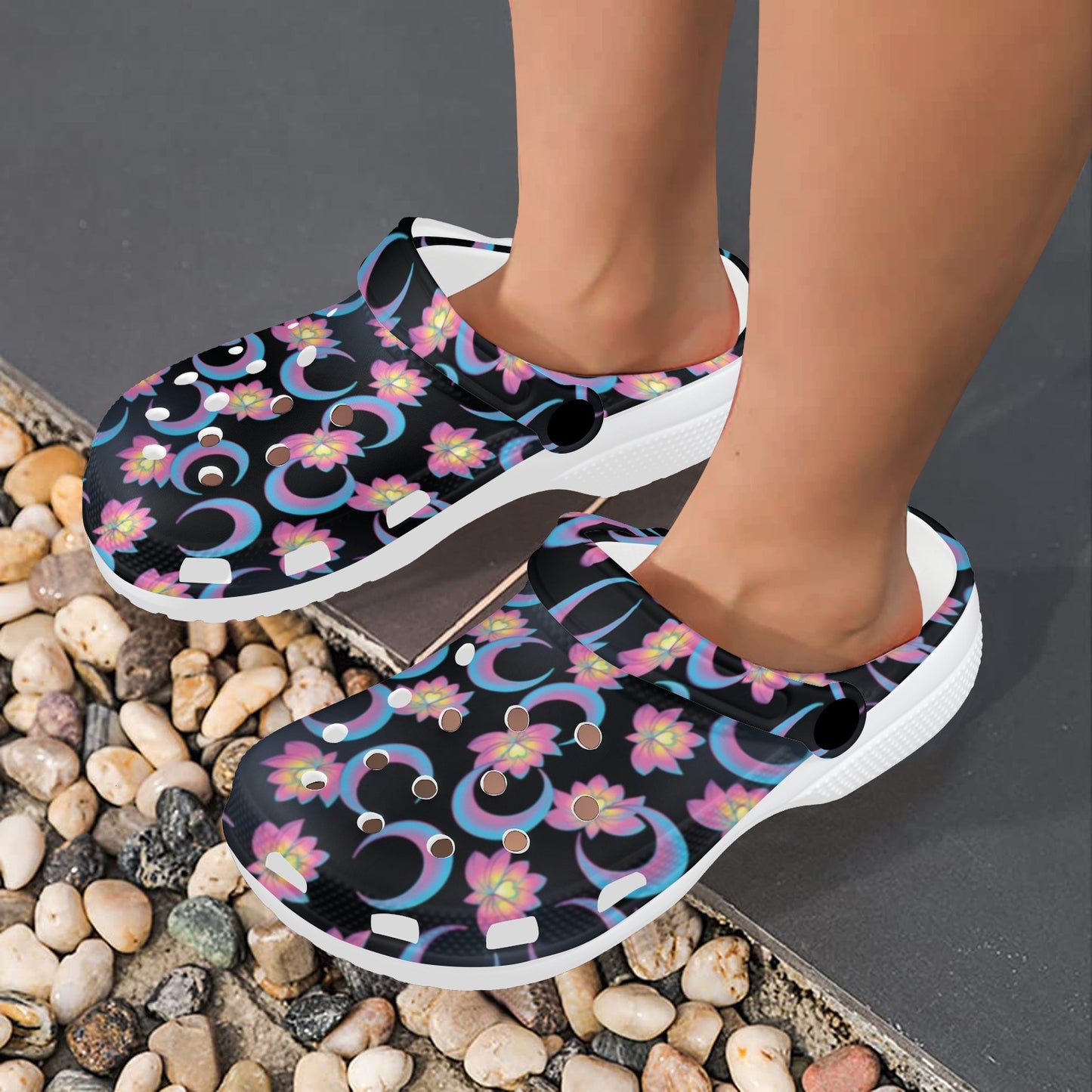 Lotus with Moon Pink Print Themed Unisex Clogs Shoes