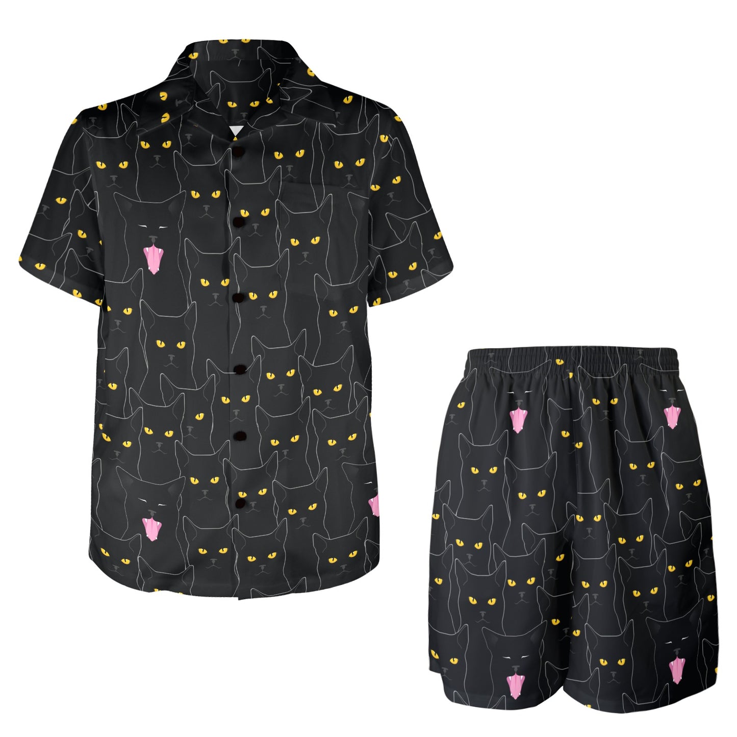 Black Cat Yellow Eyes Print Pattern Men's Beach Shirt and Shorts Set