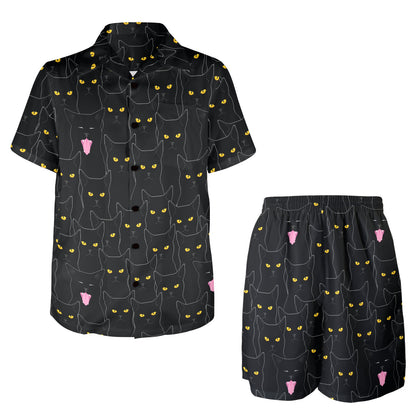 Black Cat Yellow Eyes Print Pattern Men's Beach Shirt and Shorts Set