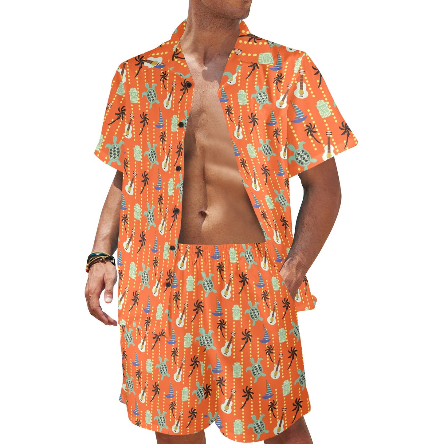 Ukulele Print Design LKS402 Men's Beach Shirt and Shorts Set