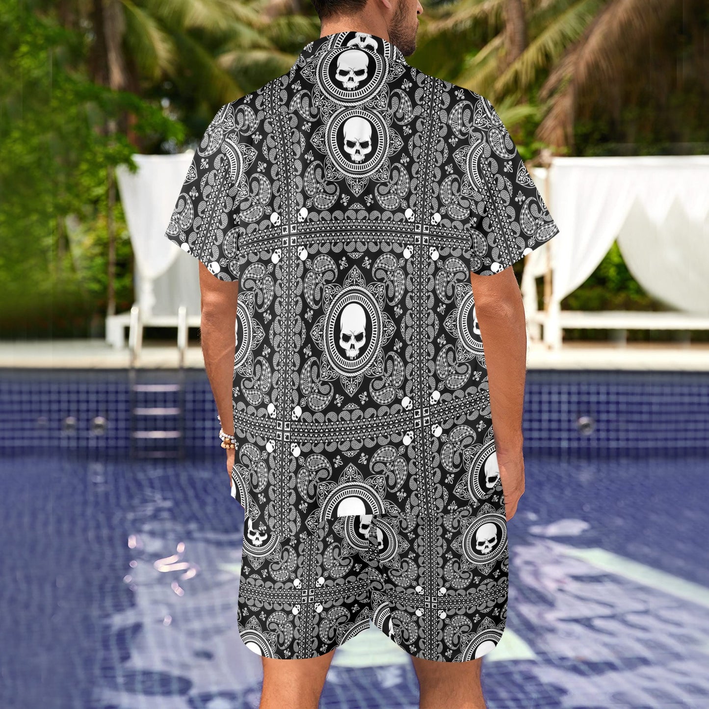 Bandana Skull Print Design LKS303 Men's Beach Shirt and Shorts Set